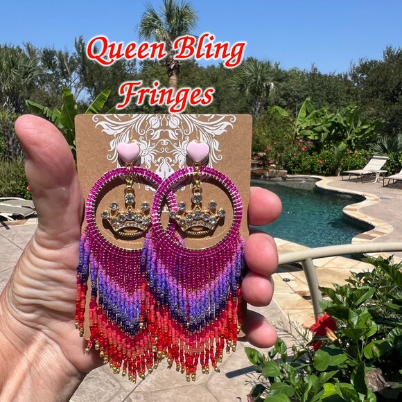 Handmade Beaded Queen Long Fringe Dangle Drop Lightweight Post Hoop Earrings Wow - Picture 9 of 9